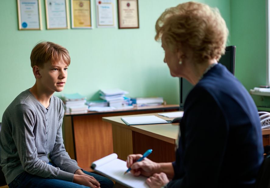 подросток на консультации у психолога, психолог что-то записывает в свой блокнот